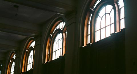 Interior view of Huddleston Hall arched windows