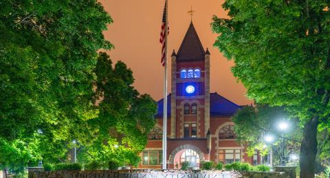 Thompson Hall lit up at night